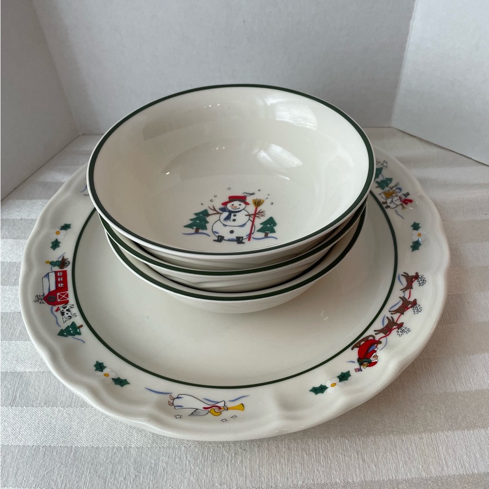 Snow Village by Pfaltzgraff, 3 Bowls and 1 Dinner Plate